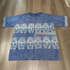 Vtg 90’s Aztec Hawaiian Tiki AOP T-Shirt Baligood Design Blue Tie Dye Size Large